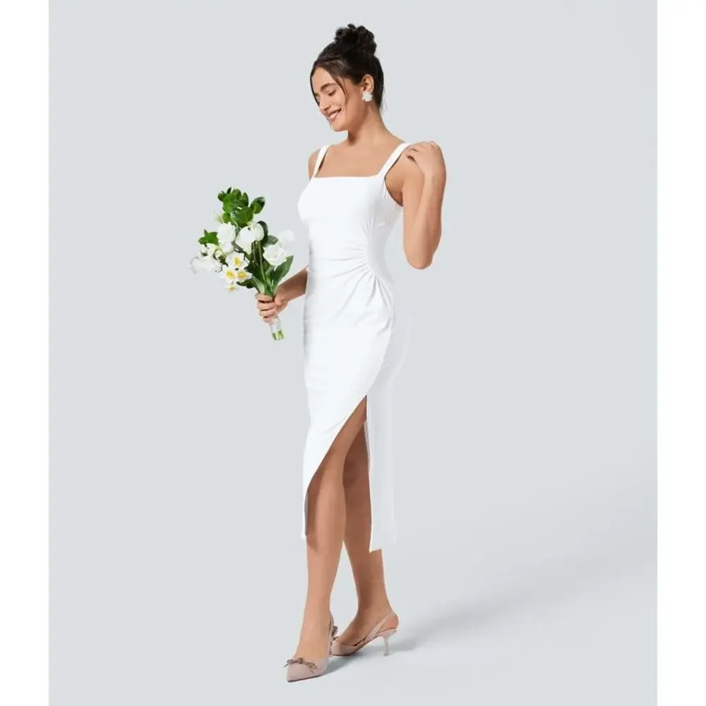 Halara Square Neck Ruched Split Midi Cool Touch Dress in White Size Large - Picture 4 of 16